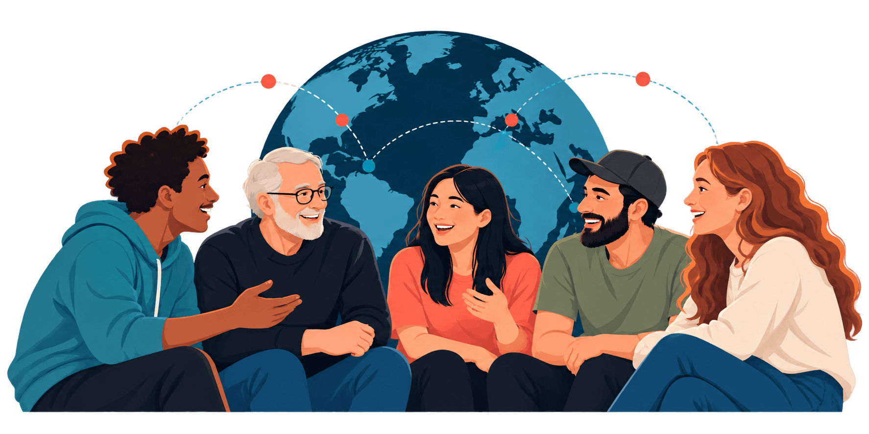 Amateur radio operators of different ages sharing a conversation around a globe